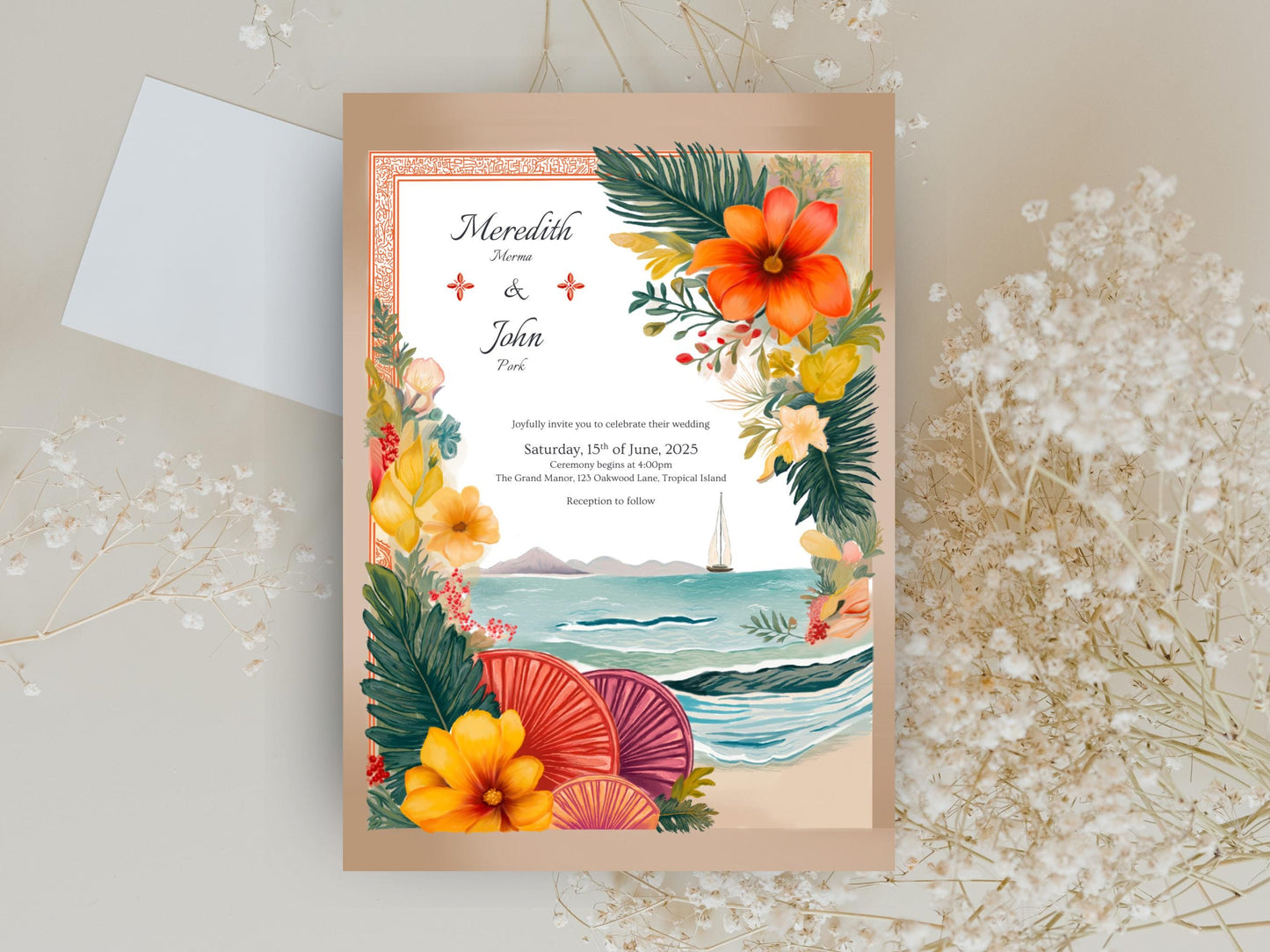 Tropical Mediterranean Beach Wedding Invitation Template Bundle – Ocean-Inspired Floral Design