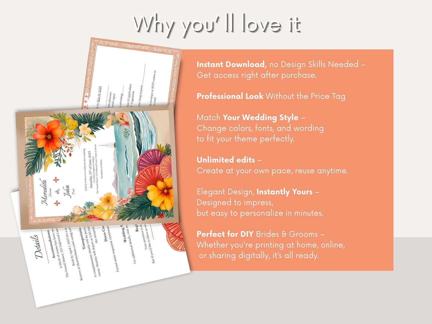 Tropical Mediterranean Beach Wedding Invitation Template Bundle – Ocean-Inspired Floral Design