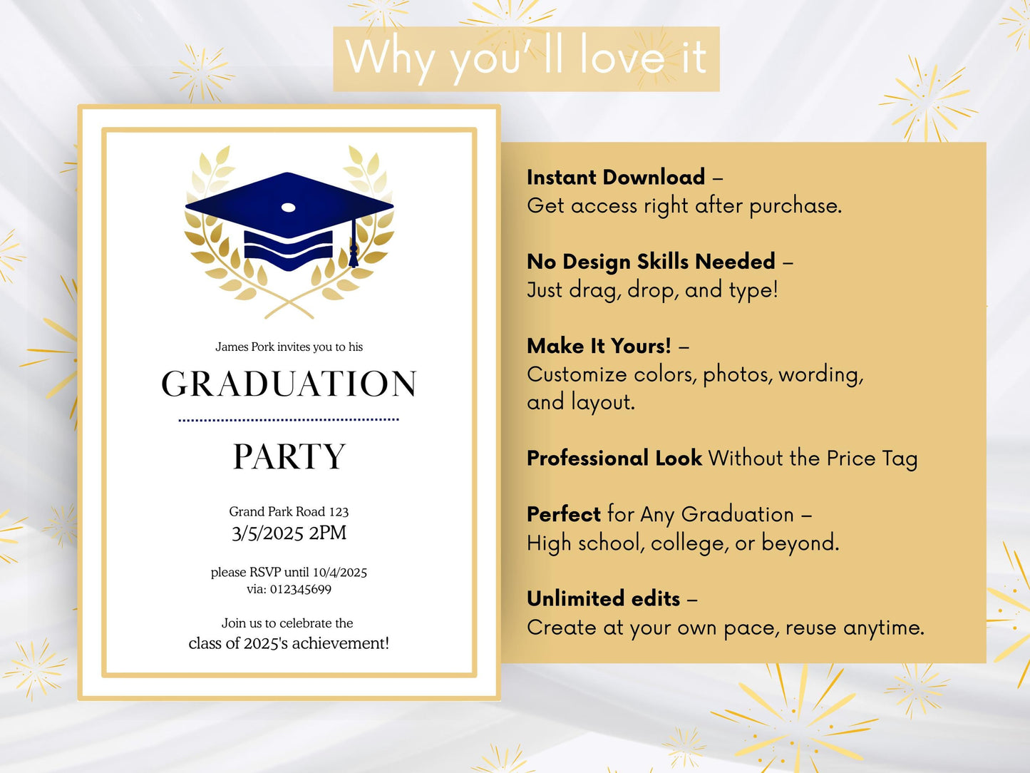 Sophisticated Graduation Invitation with Gold & Laurel Leaves | Customizable Template | Printable Download for Ceremony or Party