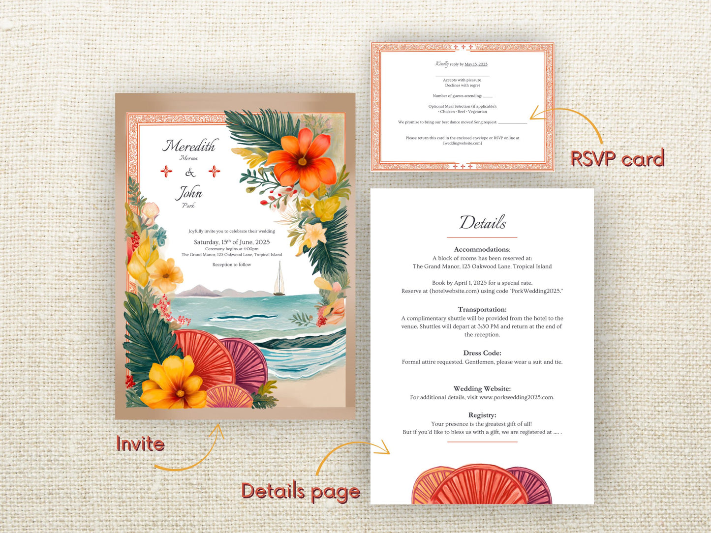 Tropical Mediterranean Beach Wedding Invitation Template Bundle – Ocean-Inspired Floral Design