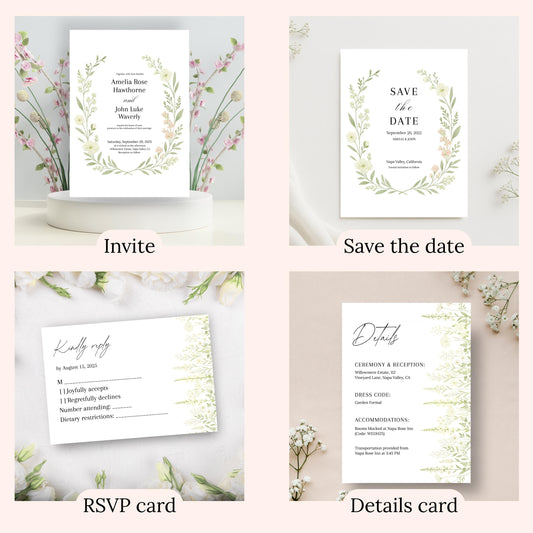 Botanical Wedding Invitation Template | Printable Invitation Bundle | Garden-Inspired Design for Weddings | Romantic Floral Wedding Bundle