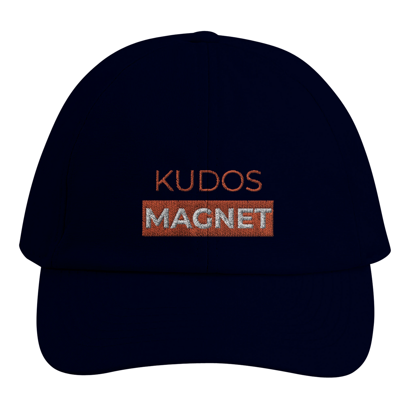 Navy blue dad cap with 'KUDOS MAGNET' embroidered in orange for Strava athletes