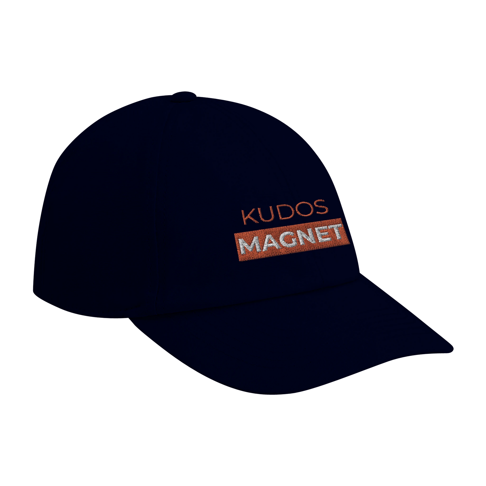 Navy blue dad cap with 'KUDOS MAGNET' embroidered in orange for Strava lovers
