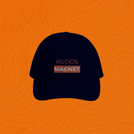Navy blue dad cap with 'KUDOS MAGNET' embroidered in orange for Strava lovers