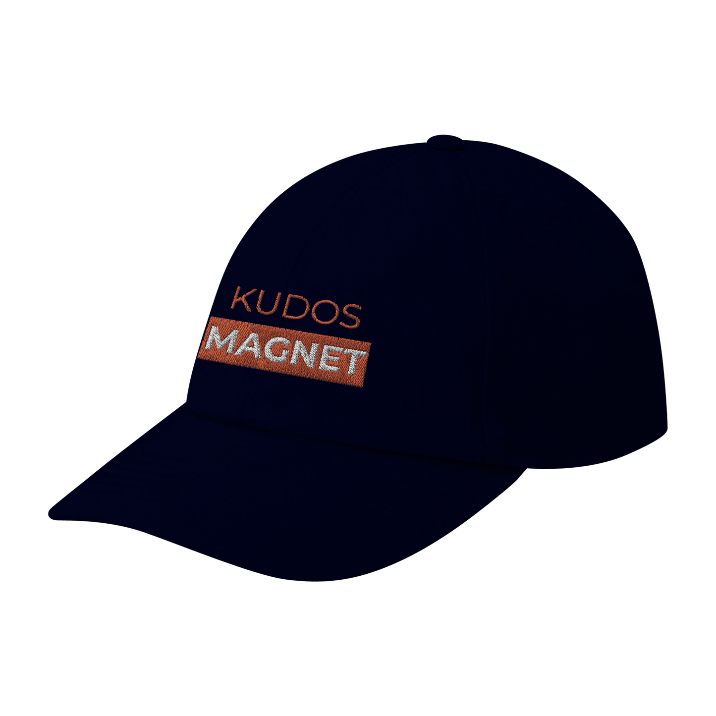 Navy blue dad cap with 'KUDOS MAGNET' embroidered in orange for Strava lovers