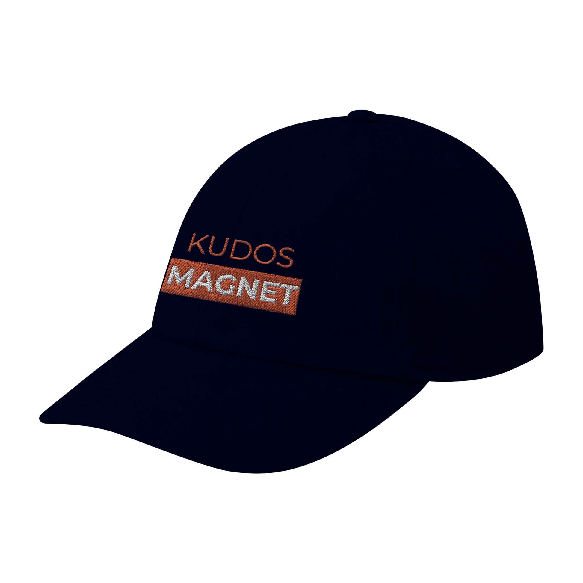 Navy blue dad cap with 'KUDOS MAGNET' embroidered in orange for Strava lovers