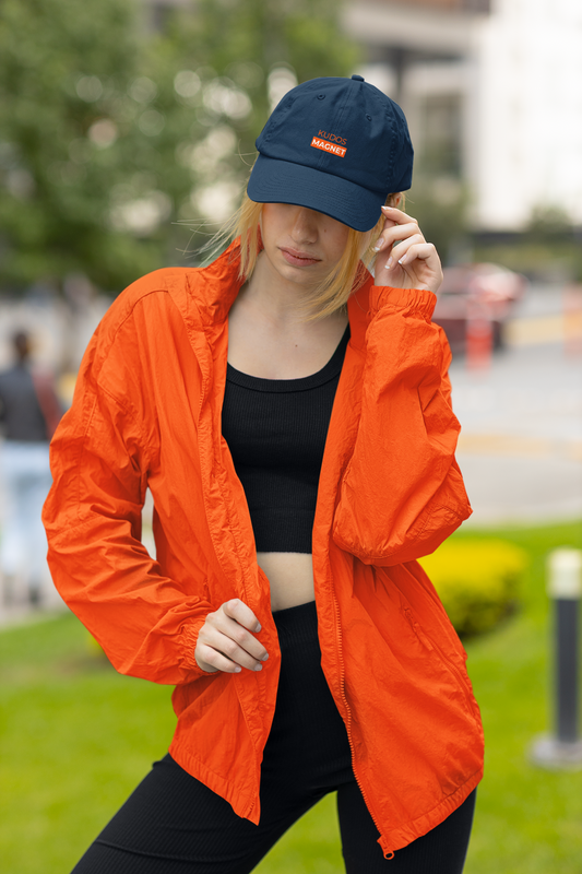 Navy blue dad cap with 'KUDOS MAGNET' embroidered in orange for Strava lovers