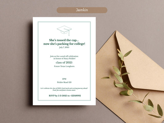 Graduation Invitation with Cap Icon | Minimalist & Elegant | Printable Digital Template | Editable Party Invite