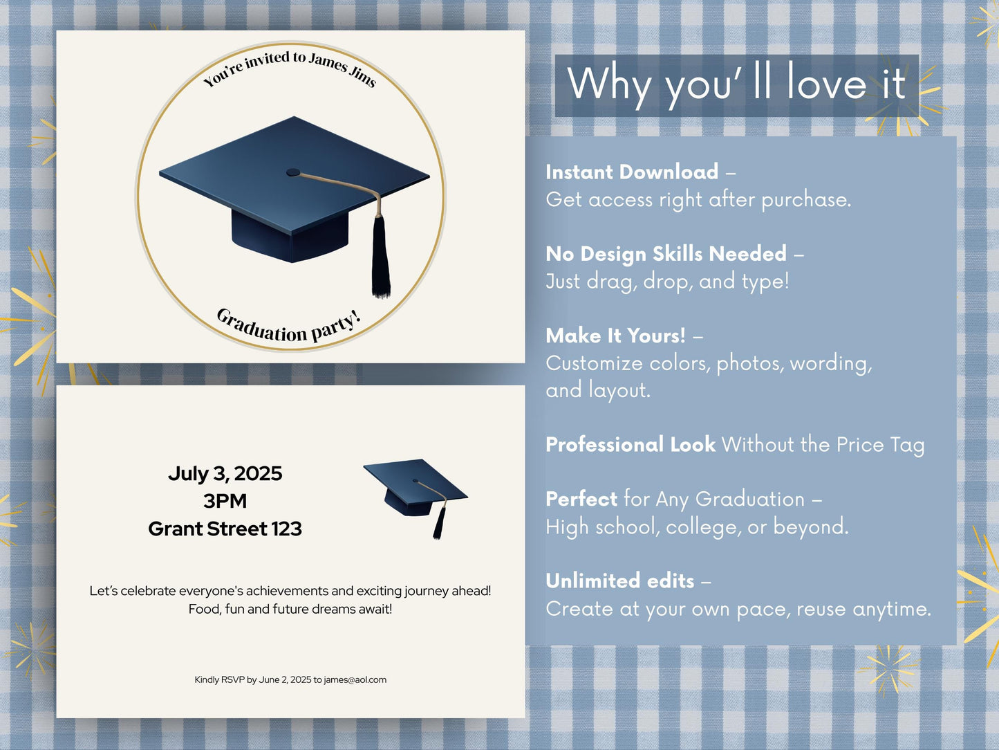 Traditional Graduation Invitation Canva Template  | Classic Design with Graduation Cap  |  Printable Download for Ceremony or Party