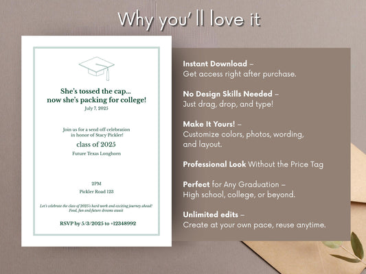 Graduation Invitation with Cap Icon | Minimalist & Elegant | Printable Digital Template | Editable Party Invite