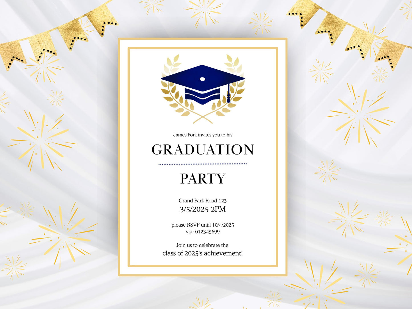 Sophisticated Graduation Invitation with Gold & Laurel Leaves | Customizable Template | Printable Download for Ceremony or Party