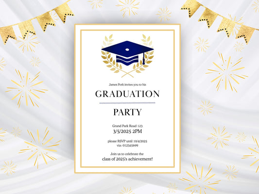 Sophisticated Graduation Invitation with Gold & Laurel Leaves | Customizable Template | Printable Download for Ceremony or Party