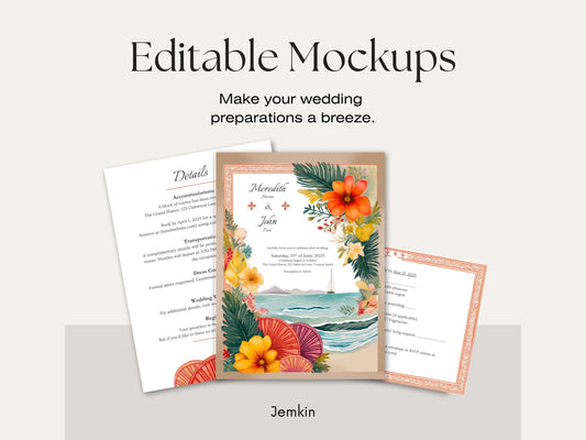 Tropical Mediterranean Beach Wedding Invitation Template Bundle – Ocean-Inspired Floral Design