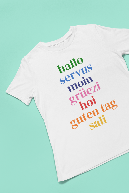 white travel tee with german greetings